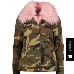 Boohoo Victoria Faux Fur Trim Camo Jacket